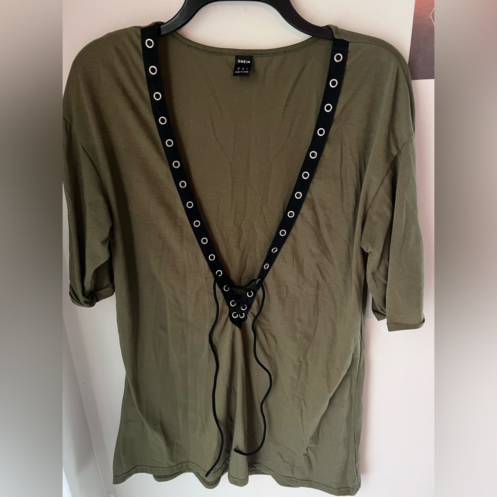 SHEIN black/green tie up long short sleeve shirt
